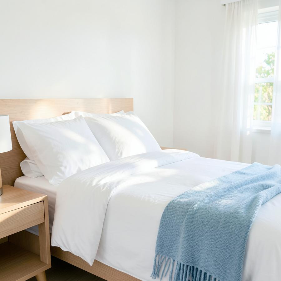 Neatly made bed in a bright bedroom after a home cleaning